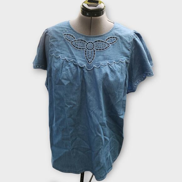 Lane Bryant Blouse Women's 18/2X Chambray Flutter Short Sleeve Cottagecore NWT - Picture 3 of 10
